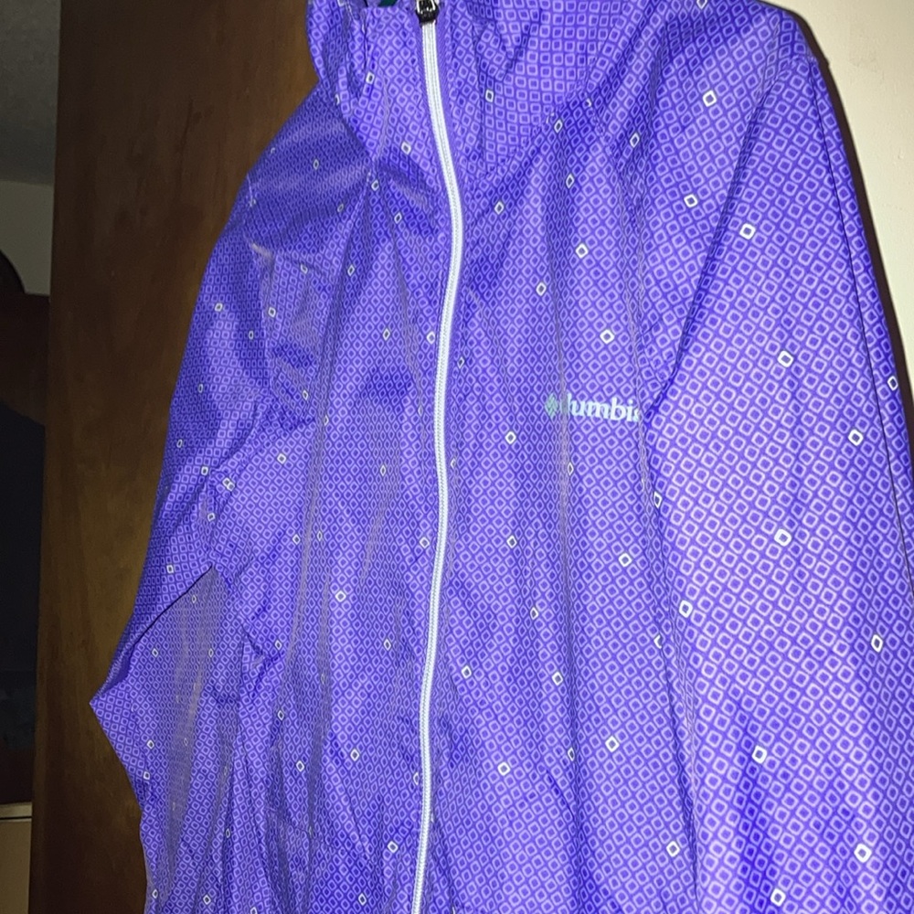 Columbia Rain Coat Windbreaker Purple Reflective Pattern Hood in Collar Medium - Picture 2 of 6